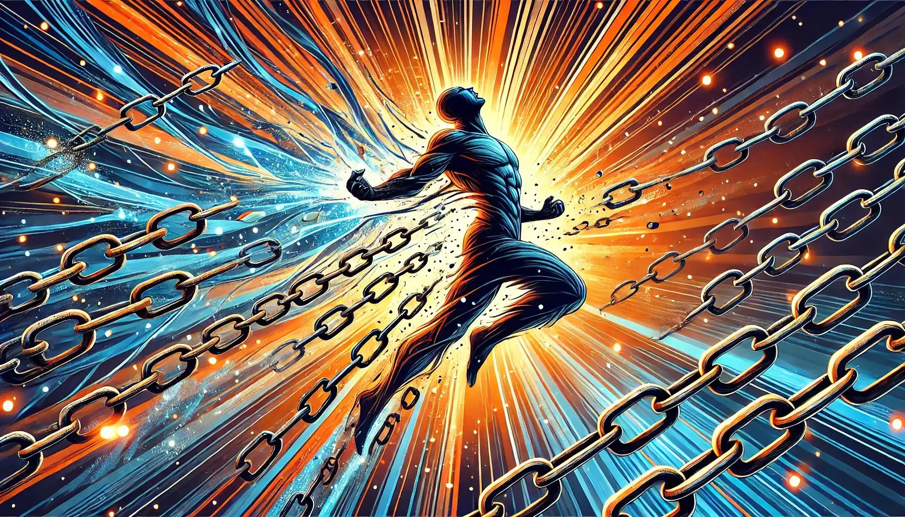 Person breaks free from chains with energy burst