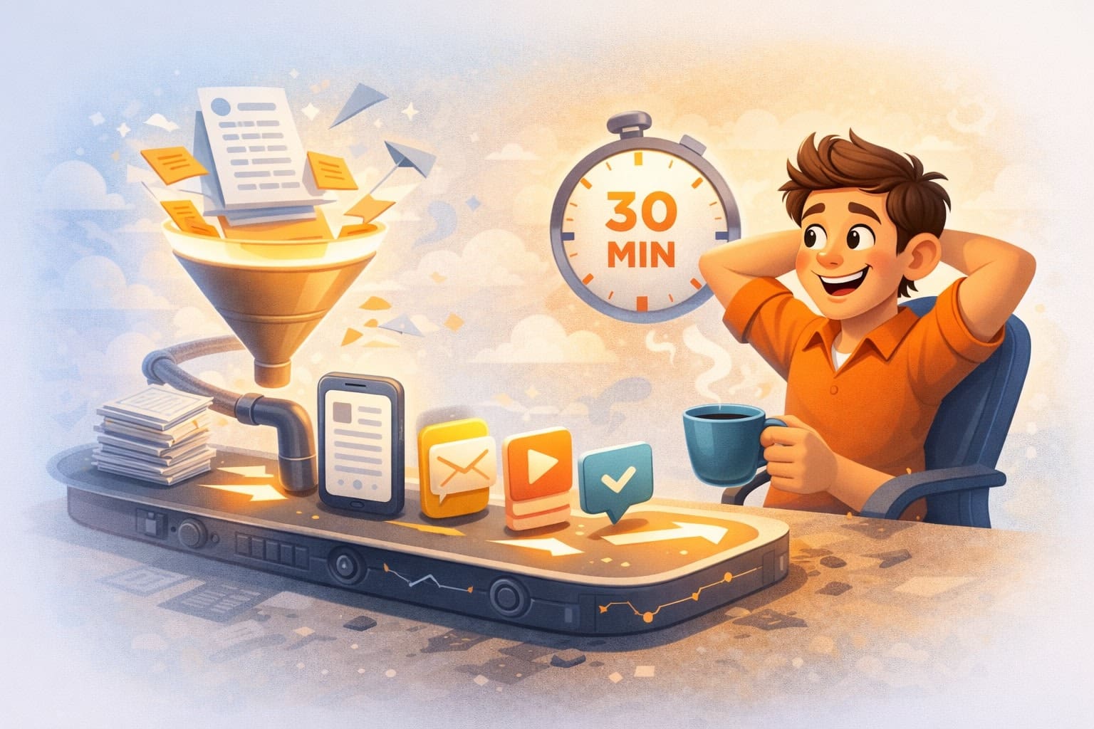 Efficiency concept: content workflow automation in 30 minutes.