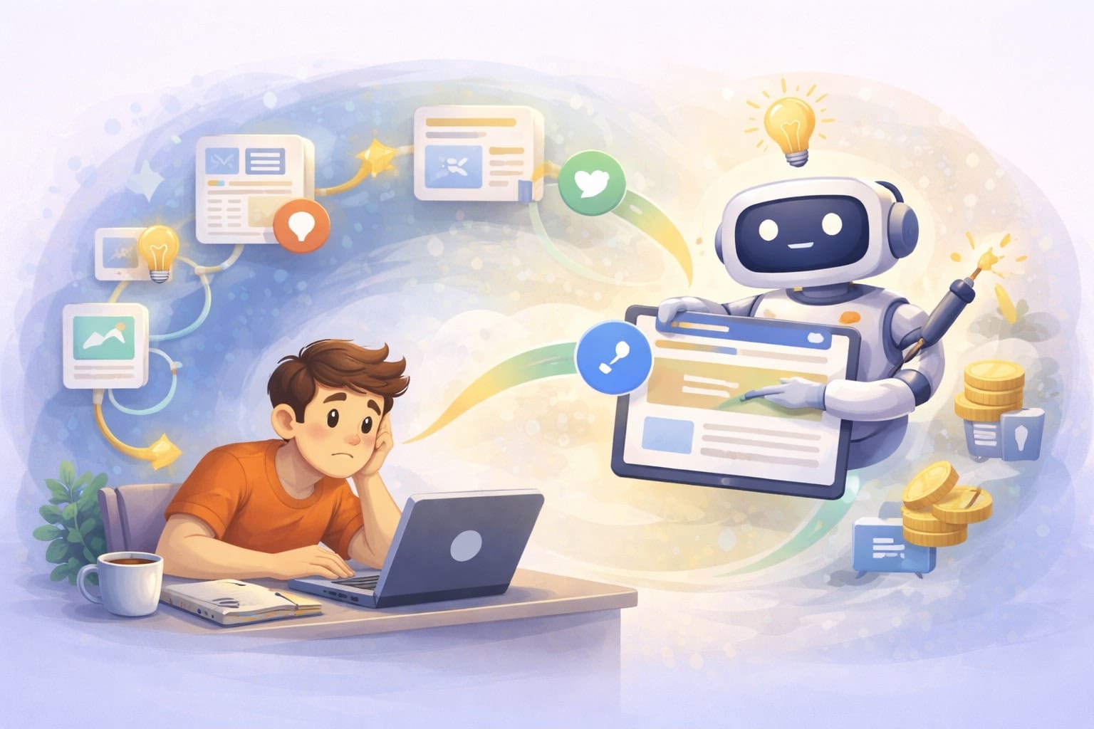 AI robot helping man with laptop and ideas