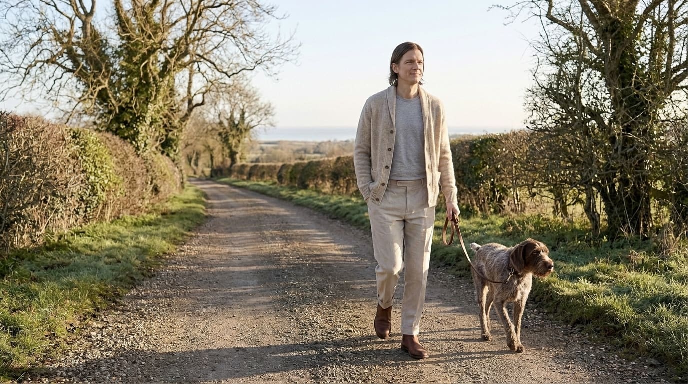 Person walking unhurriedly along a quiet country lane lined with hedgerows, a wirehaired pointer on a loose leash beside him, sea soft and silver in the distance