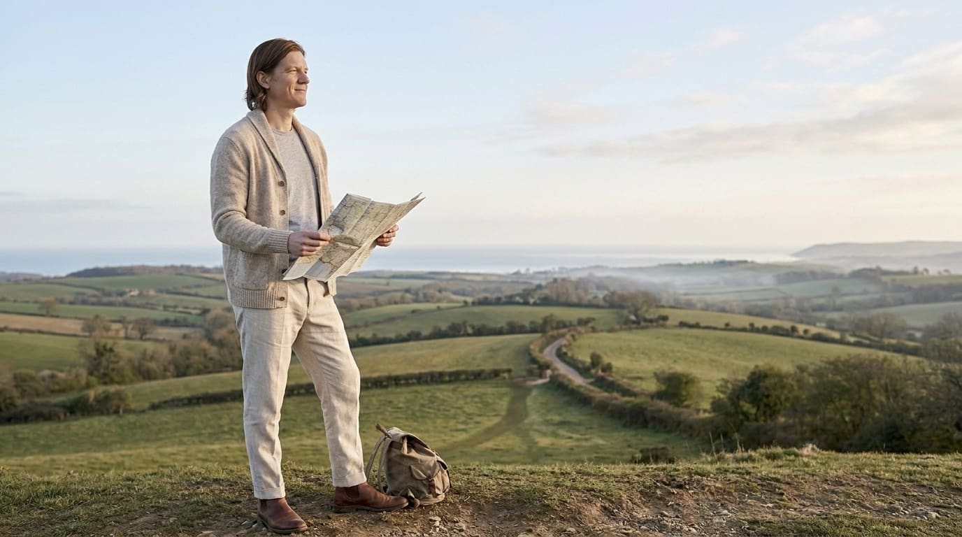 Person at a hilltop viewpoint holding an open paper map, looking out across rolling green countryside toward a distant coast, small backpack at his feet, soft morning light