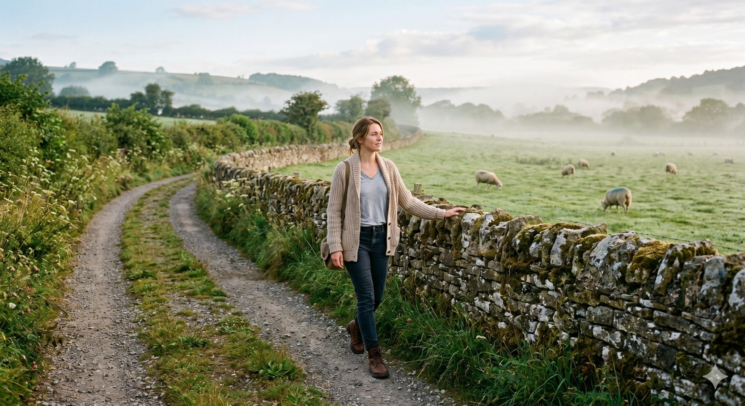 Person walking unhurriedly along a low stone wall in even morning light, hand resting lightly on the wall as they walk, rural landscape behind