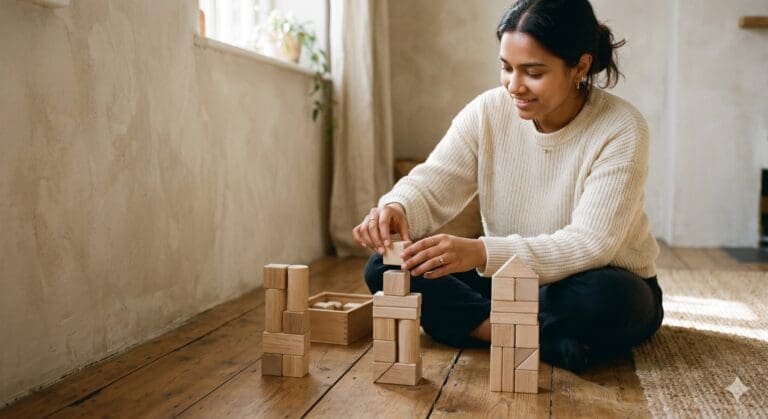 Person sorting small wooden blocks into three distinct stacks on a sunlit floor, hands placing a block, warm morning light