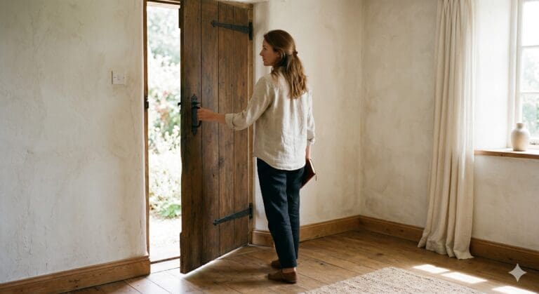 Person closing a heavy wooden door from inside a quiet sunlit room, hand on the latch, soft morning light, the deliberate pause