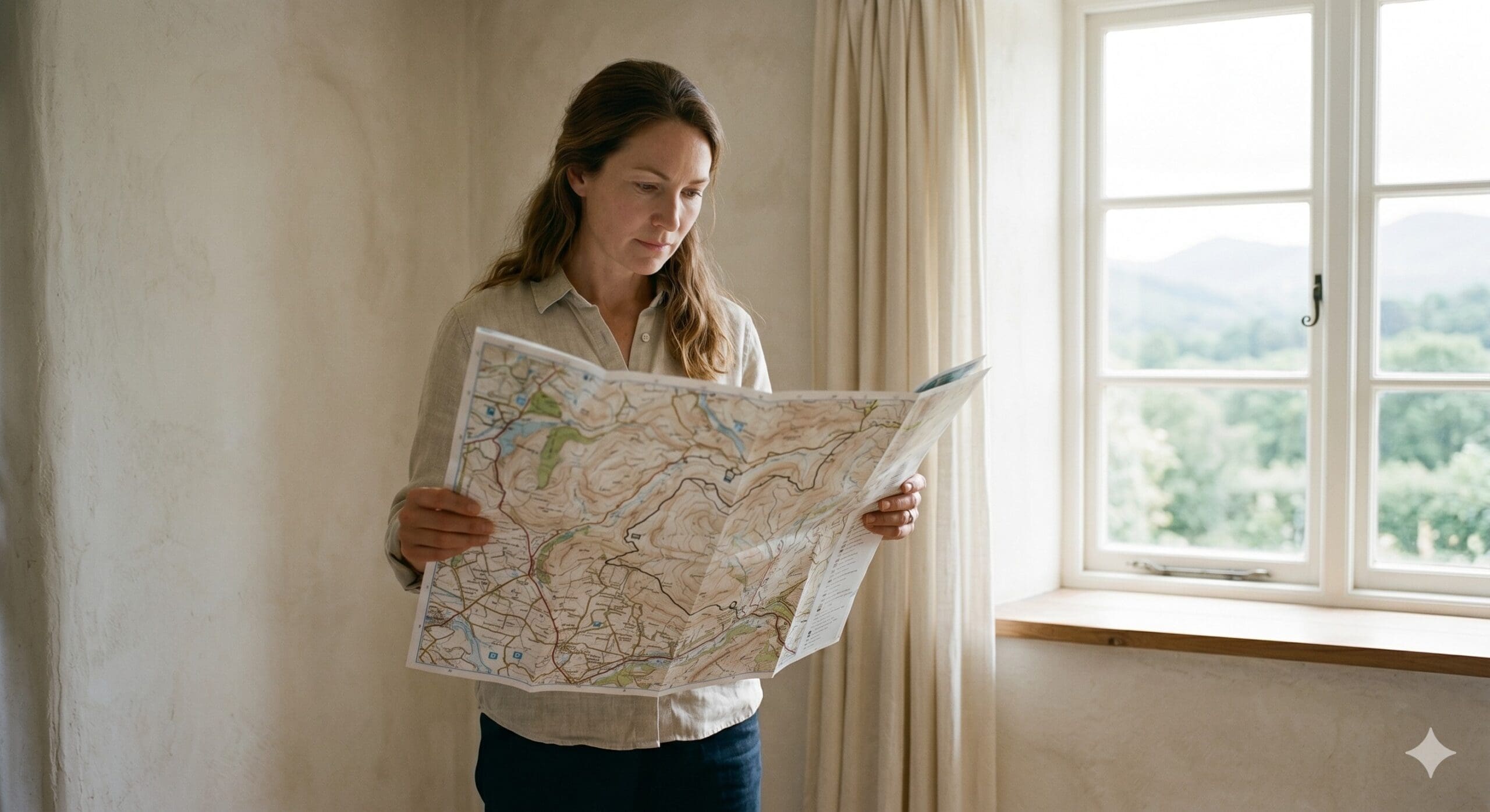 erson holding a paper map open in both hands, one finger tracing a different route across the page, soft morning light, deliberate consideration