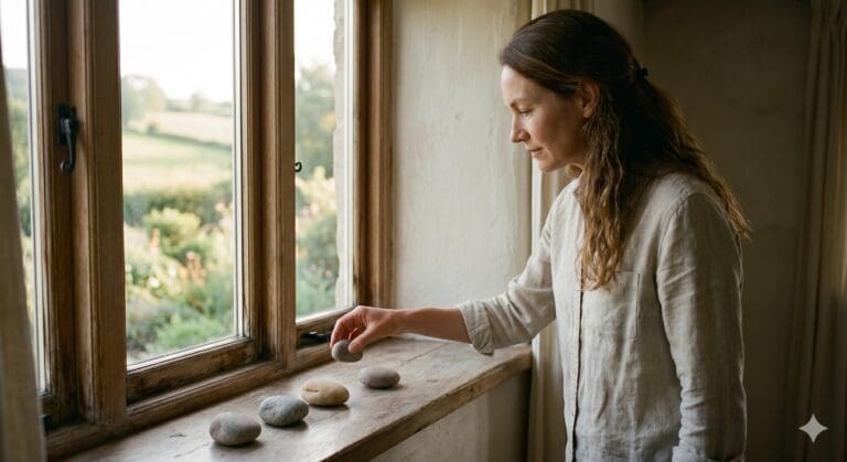 Person setting three small smooth stones on a sunlit wooden windowsill, deliberate placement, late afternoon light