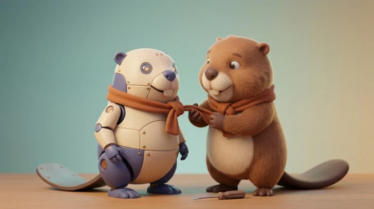 A cartoon beaver wraps a shared scarf around a robot beaver, both smiling in a friendly moment
