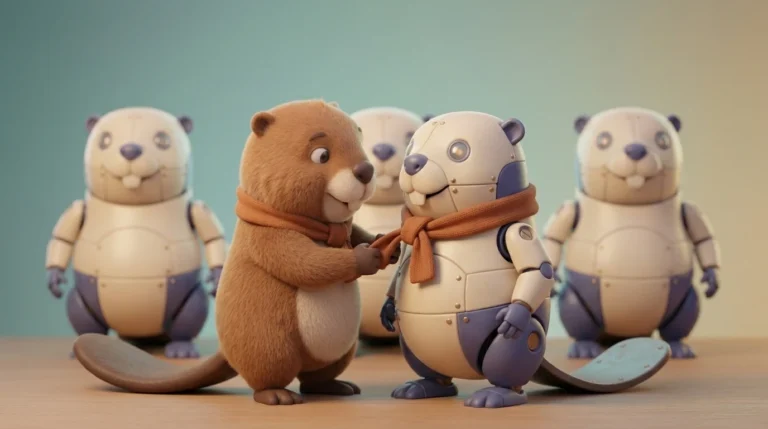 A cartoon beaver shaking hands with a robot beaver, both wearing orange scarves, surrounded by toy beaver figures