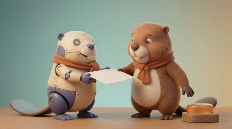 A cartoon robot beaver and a fluffy beaver, both wearing scarves, exchange a blank document