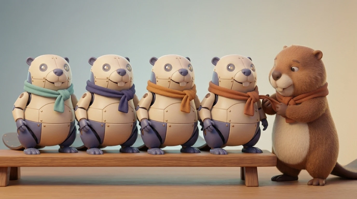 A cartoon beaver adjusting a scarf on one of four small robot beavers wearing colorful scarves, seated on a wooden bench