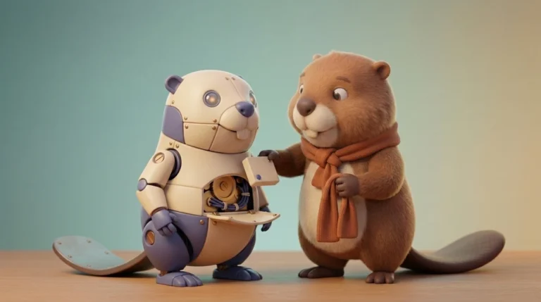 A cartoon beaver wearing a scarf interacts with a robot beaver that has an open chest panel revealing gears inside