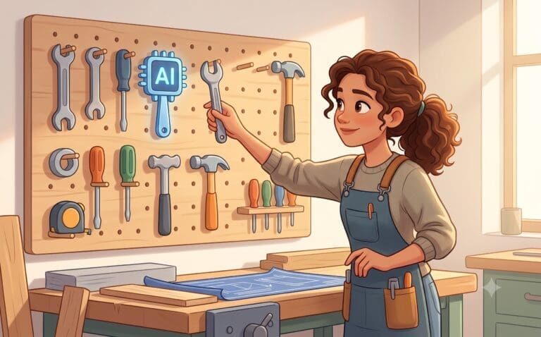 Illustrated woman in overalls reaching for a wrench on a pegboard of tools, including a glowing AI chip icon among them
